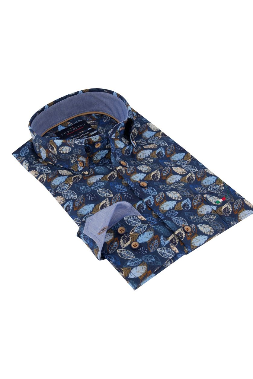 Overhemd blauw bladeren Portofino Regular Fit