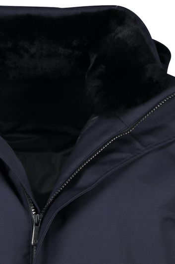 UBR winterjas donkerblauw effen rits + knoop normale fit wol afneembare capuchon