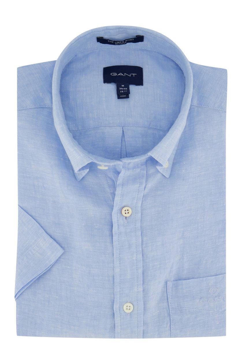 Gant casual overhemd korte mouw normale fit blauw effen linnen
