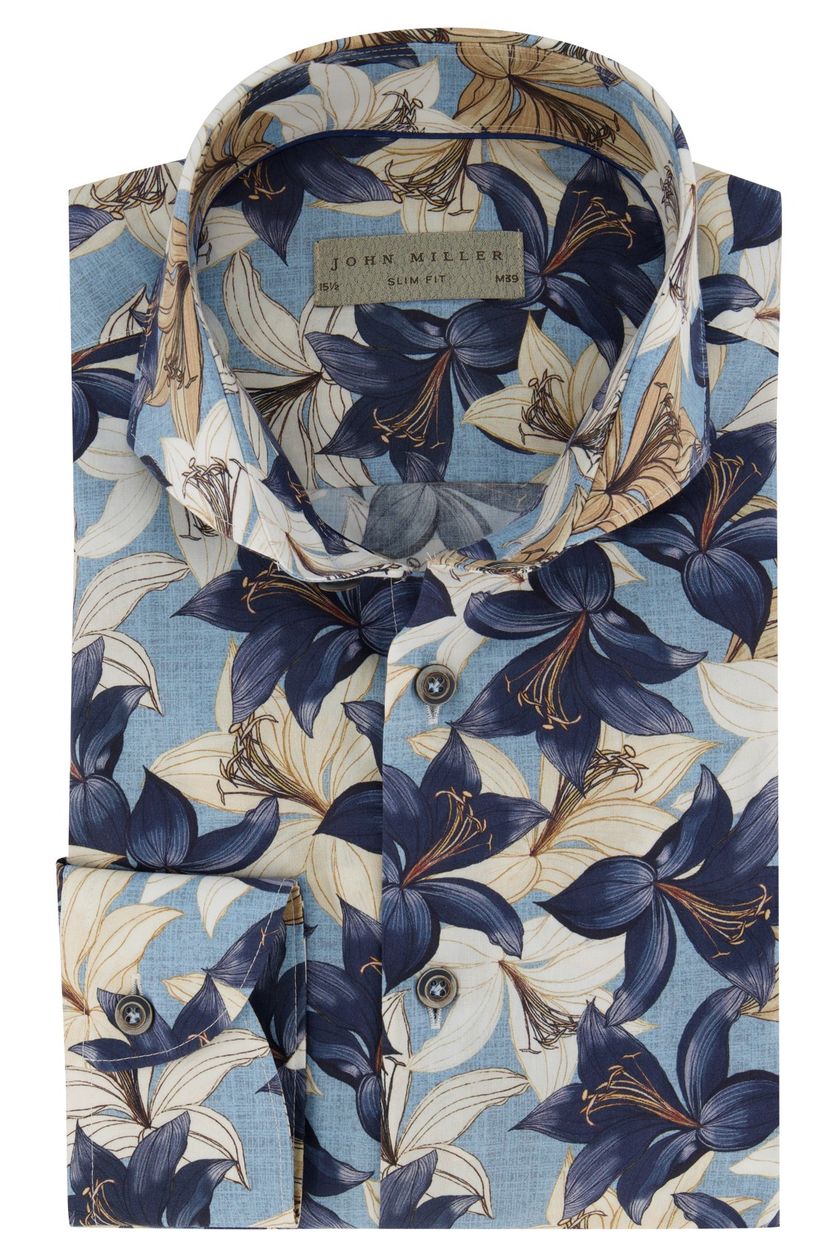 Zakelijk John Miller overhemd navy bloemenprint katoen Slim Fit