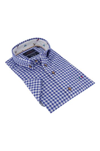 Portofino overhemd korte mouw blauw geruit Regular Fit
