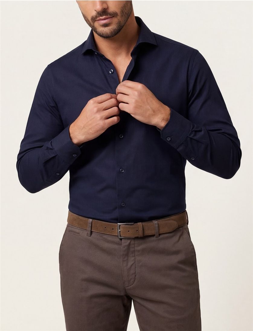 Ledub overhemd donkerblauw Slim Fit stretch
