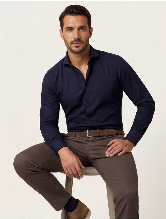 Overhemd Ledub stretch Slim Fit donkerblauw