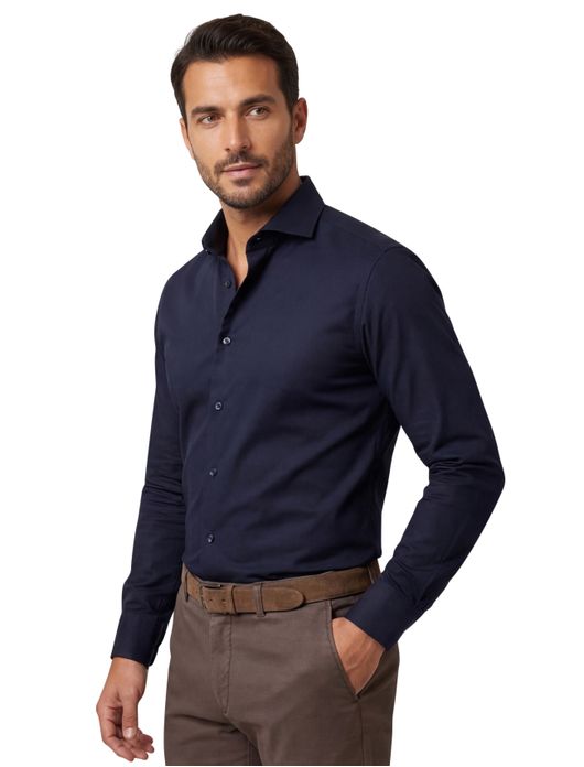 Overhemd Ledub stretch Slim Fit donkerblauw