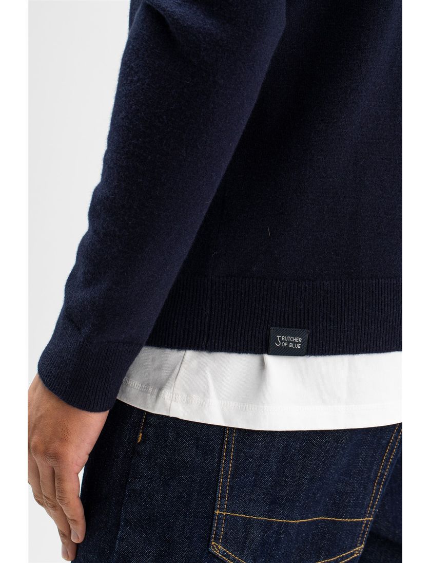 Butcher of Blue trui donkerblauw effen wol opstaande kraag