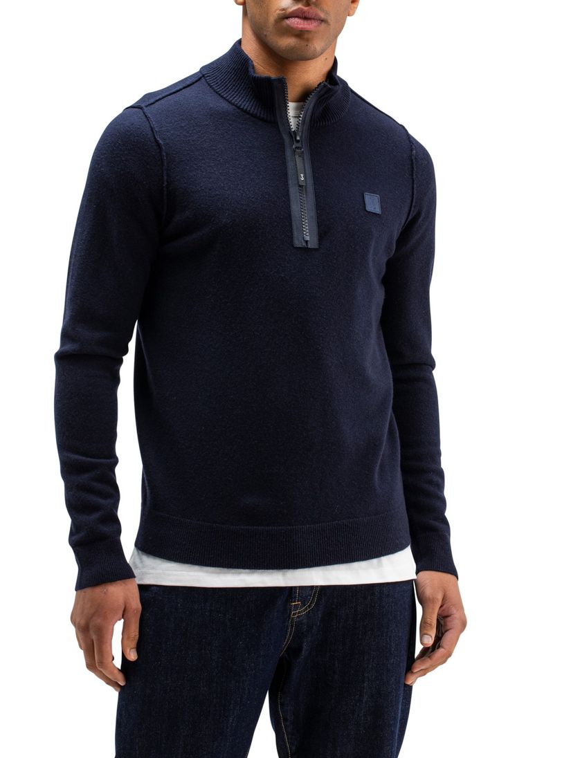 Butcher of Blue trui donkerblauw effen wol opstaande kraag