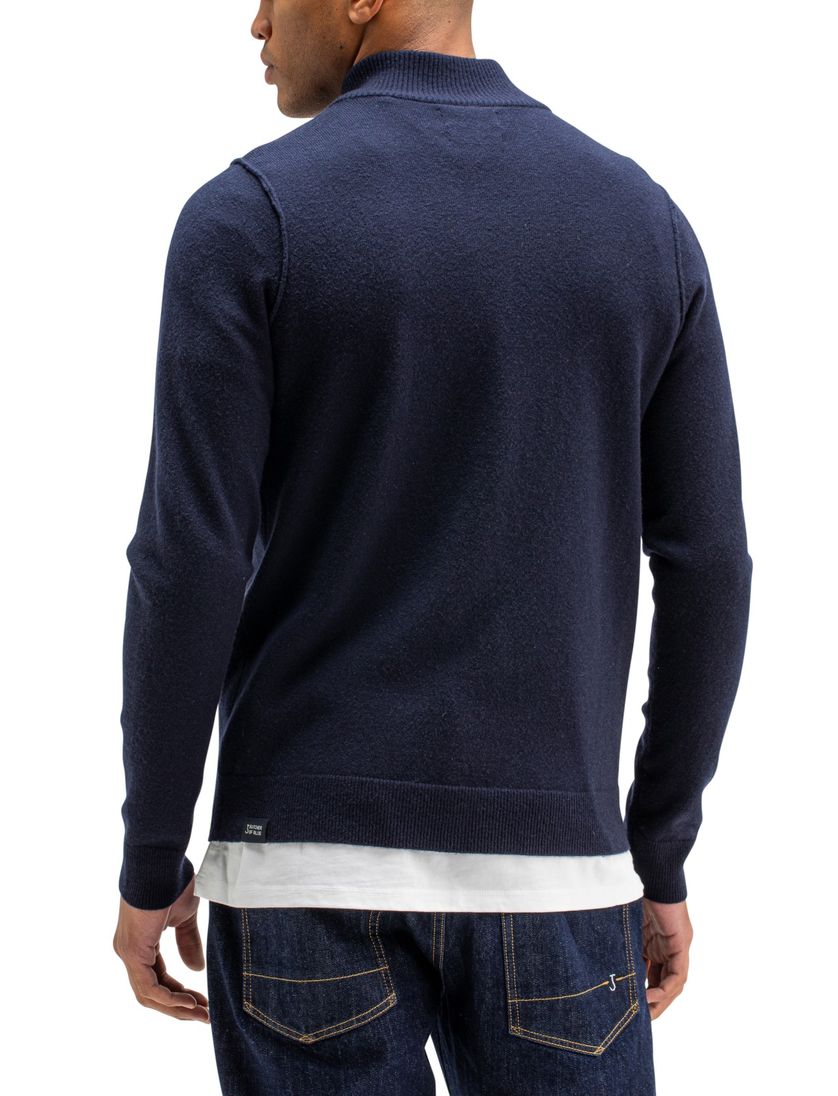 Butcher of Blue trui donkerblauw effen wol opstaande kraag