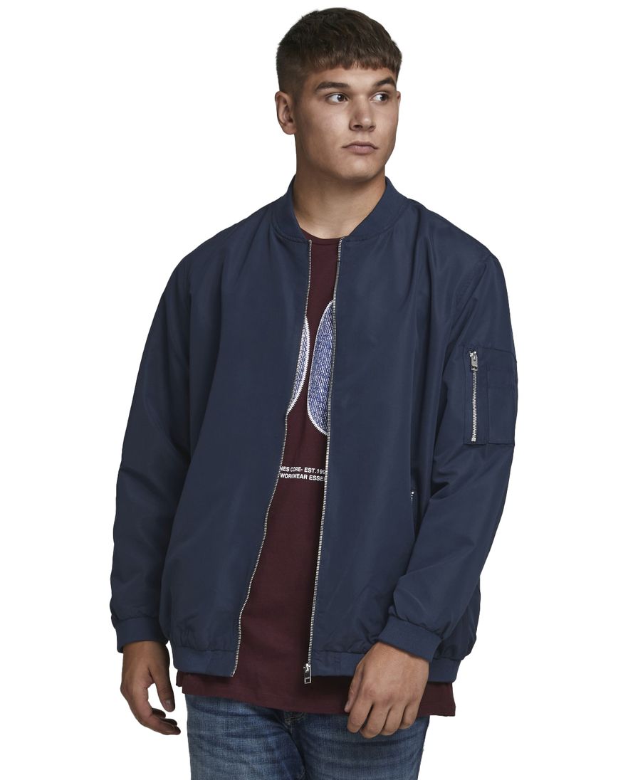 Donkerblauwe effen tussenjas met rits en wijde fit van Jack & Jones