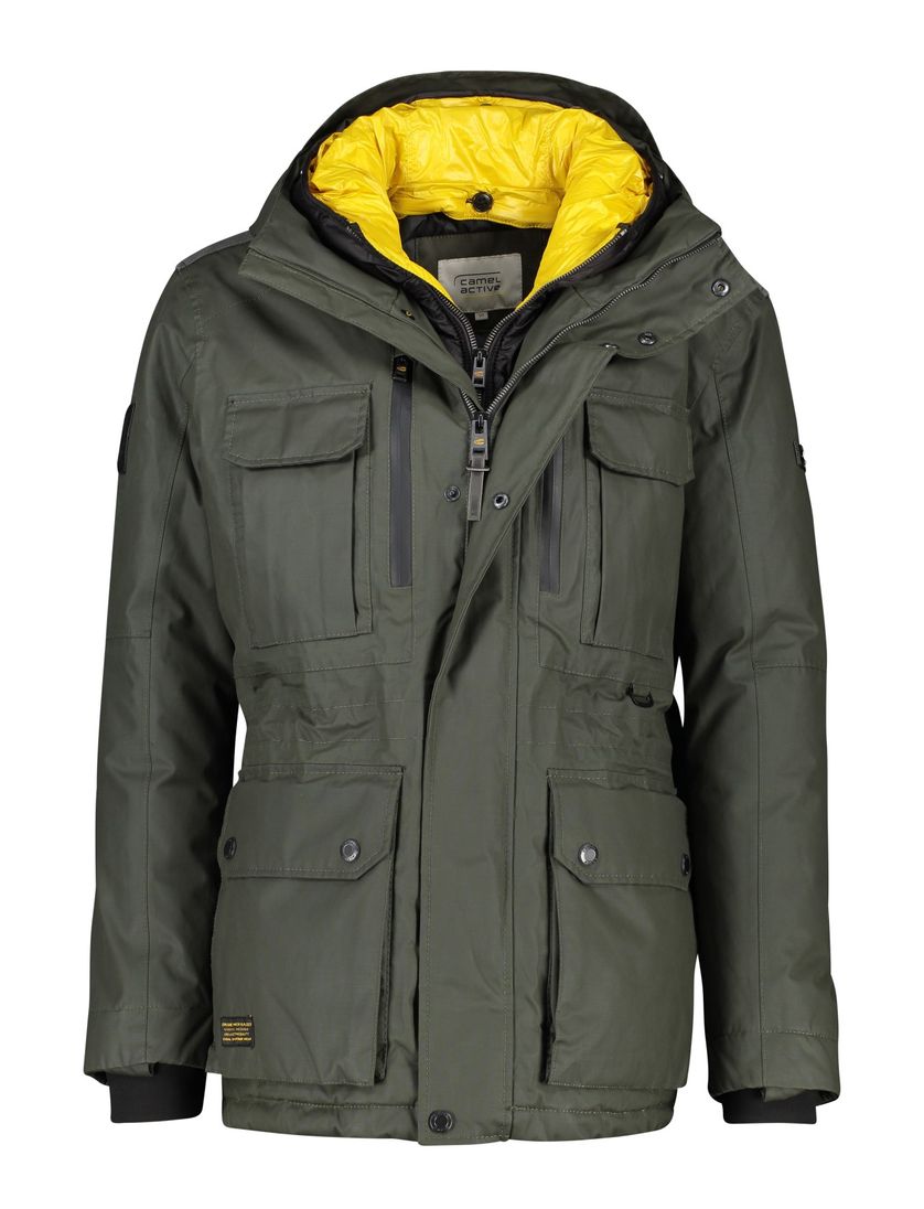 Camel Active winterjas groen effen rits + knoop wijde fit afneembare capuchon