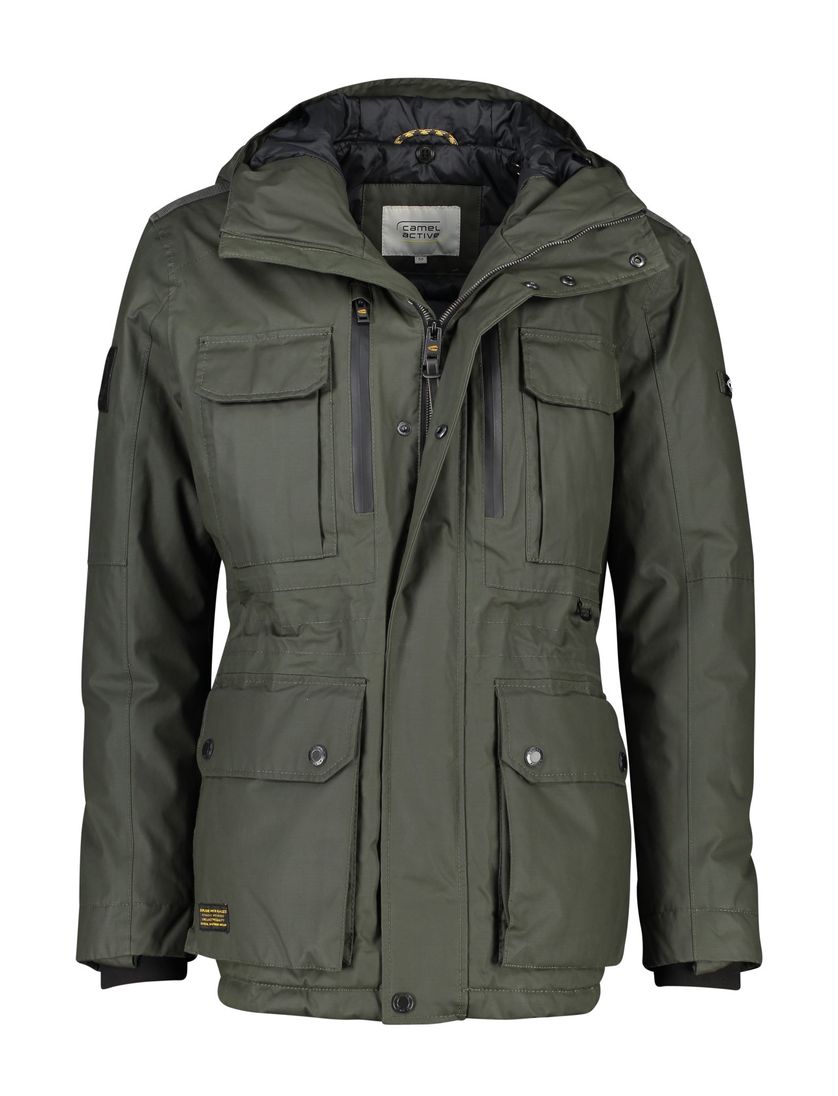 Camel Active winterjas groen effen rits + knoop wijde fit afneembare capuchon