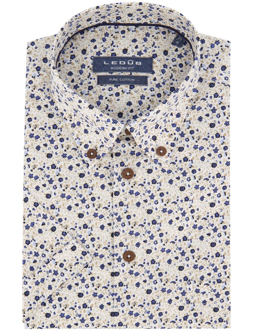 Ledub overhemd Modern Fit blauw dessin korte mouw