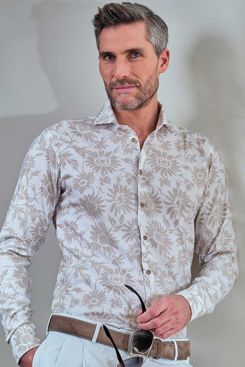 John Miller overhemd beige bloemen Fit | OverhemdenOnline