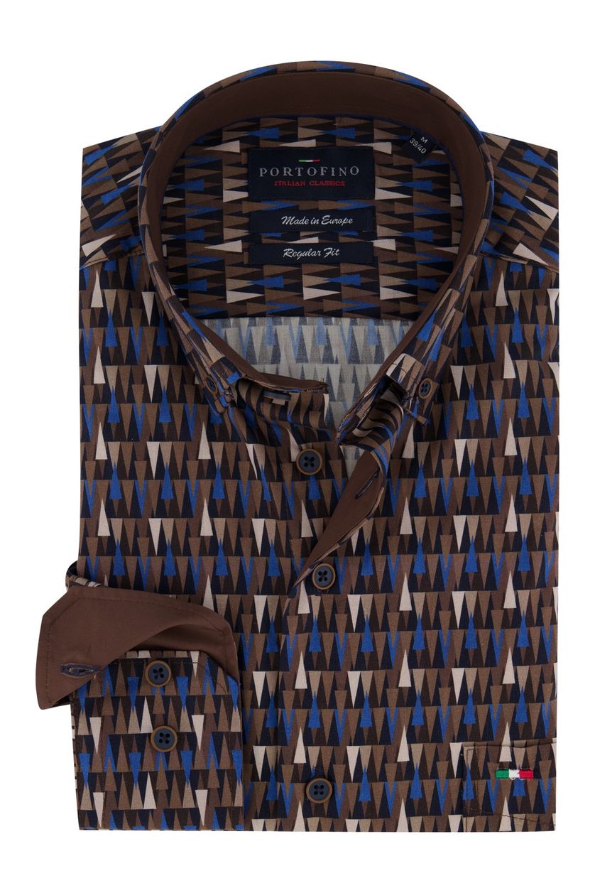 Portofino overhemd met driehoek print bruin blauw
