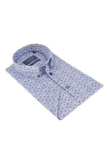 Ledub overhemd Modern Fit print korte mouw wit blauw