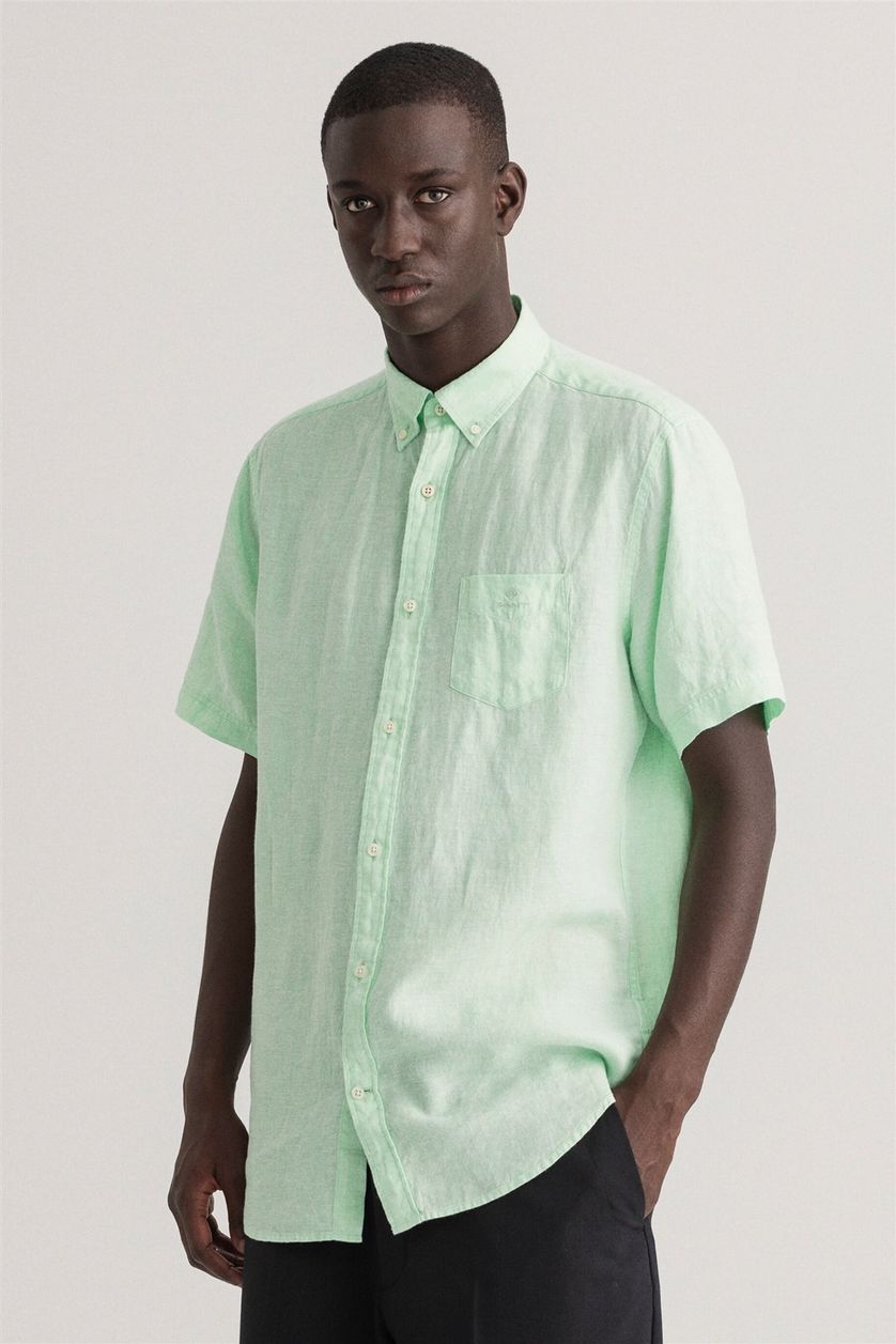 Gant casual overhemd korte mouw normale fit groen effen linnen