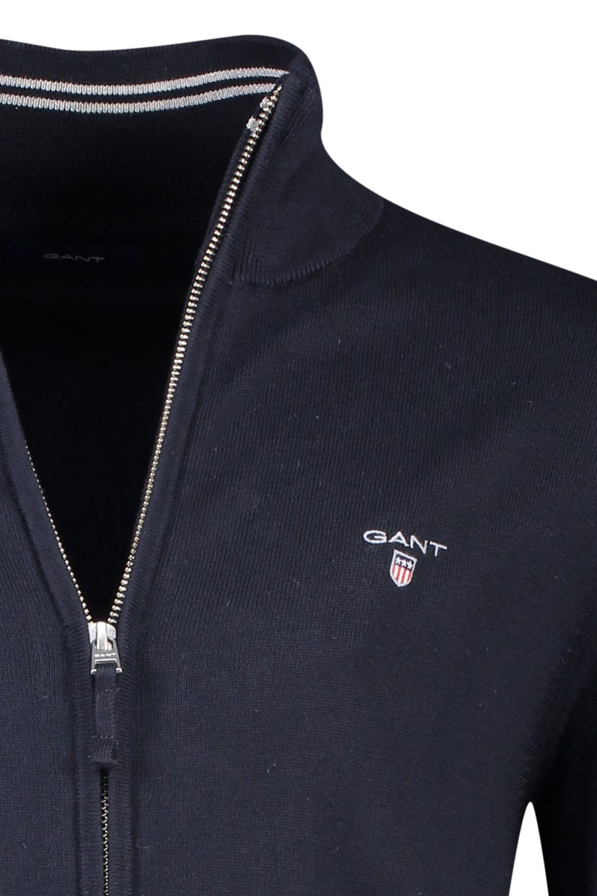 Gant vest donkerblauw met logo opstaande kraag met rits