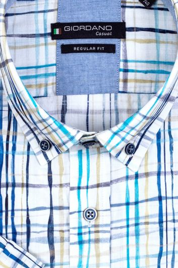 Giordano casual overhemd korte mouw wijde fit blauw geruit katoen