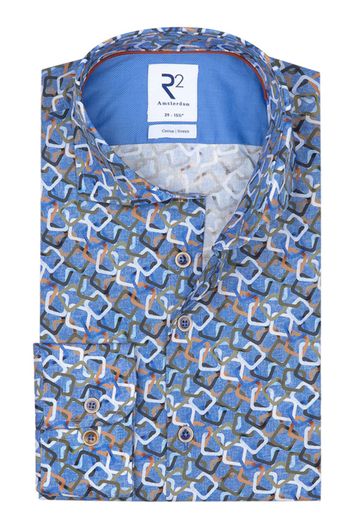 Overhemd R2 Amsterdam blauw met print wide spread boord