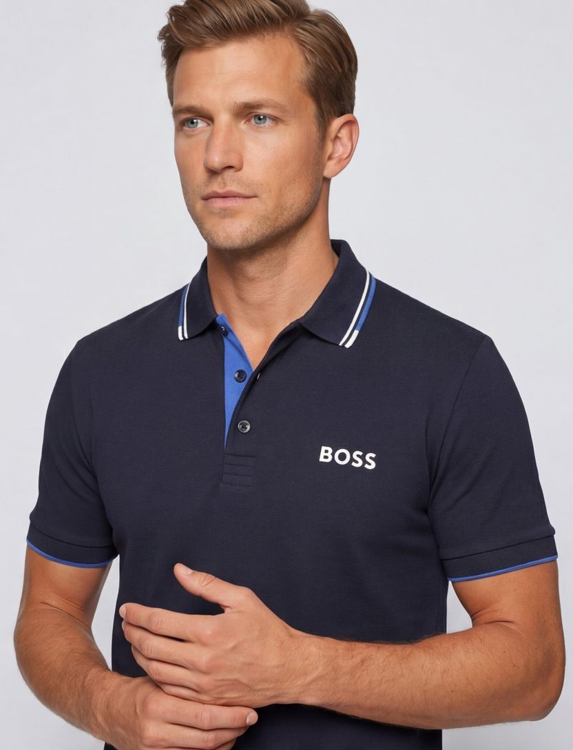 Hugo Boss polo blauw effen katoen normale fit 3-knoops