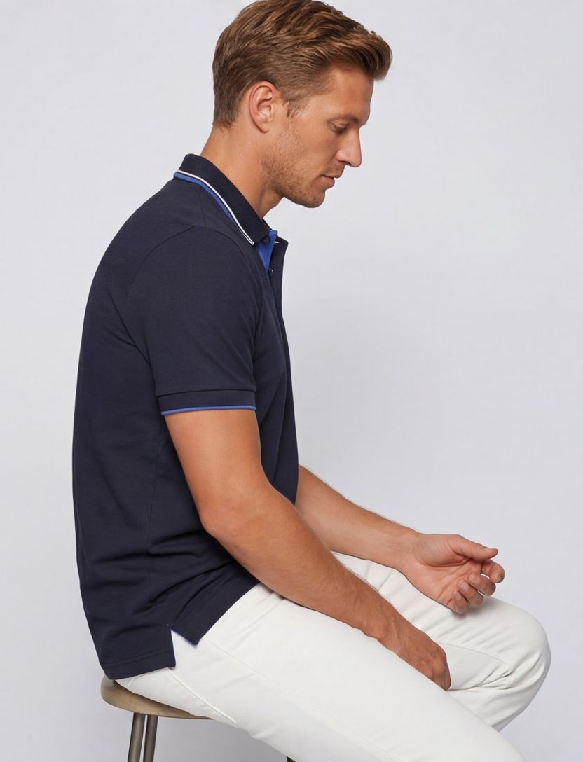 Hugo Boss polo blauw effen katoen normale fit 3-knoops