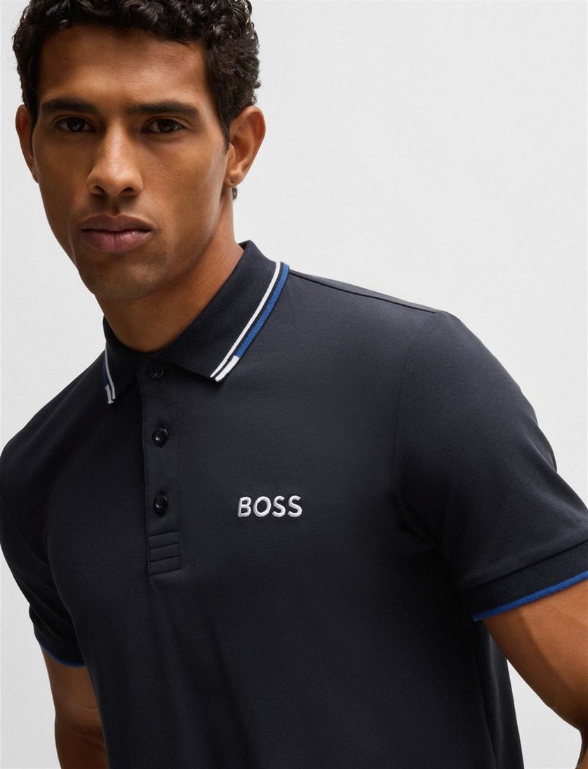 Hugo Boss polo blauw effen katoen normale fit 3-knoops