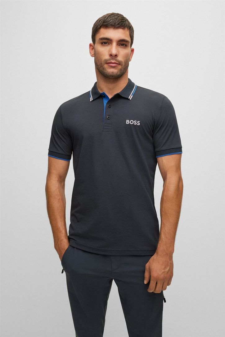 Hugo Boss polo blauw effen katoen normale fit 3-knoops