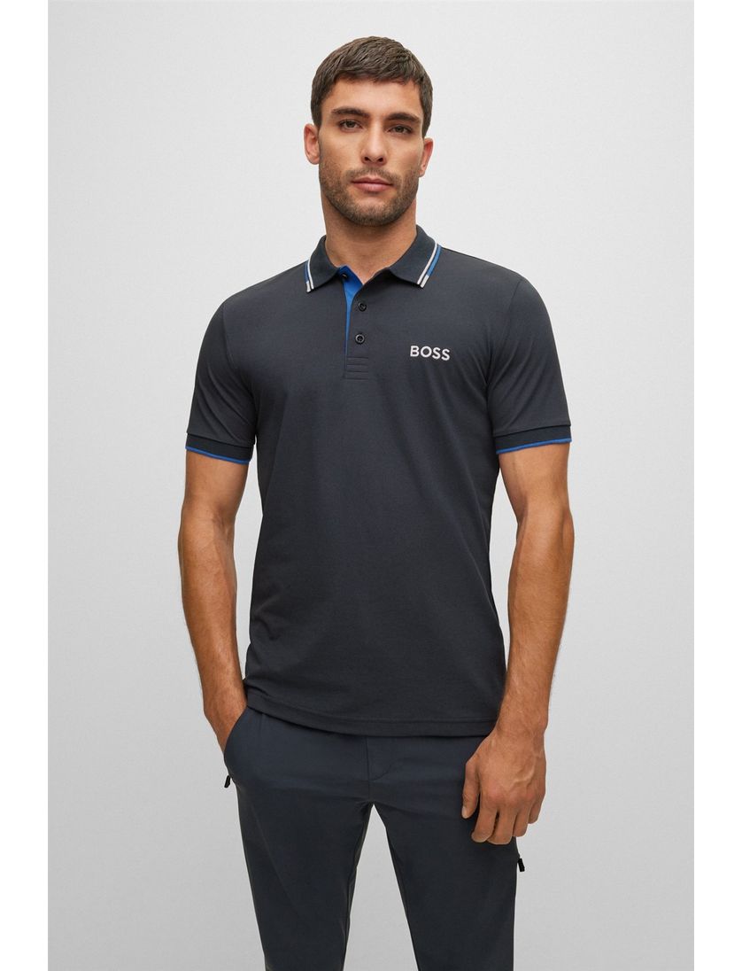 Hugo Boss polo blauw effen katoen normale fit 3-knoops