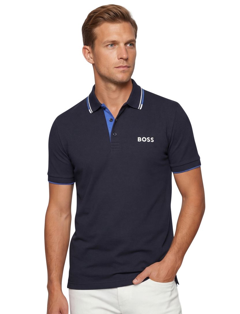 Hugo Boss polo blauw effen katoen normale fit 3-knoops