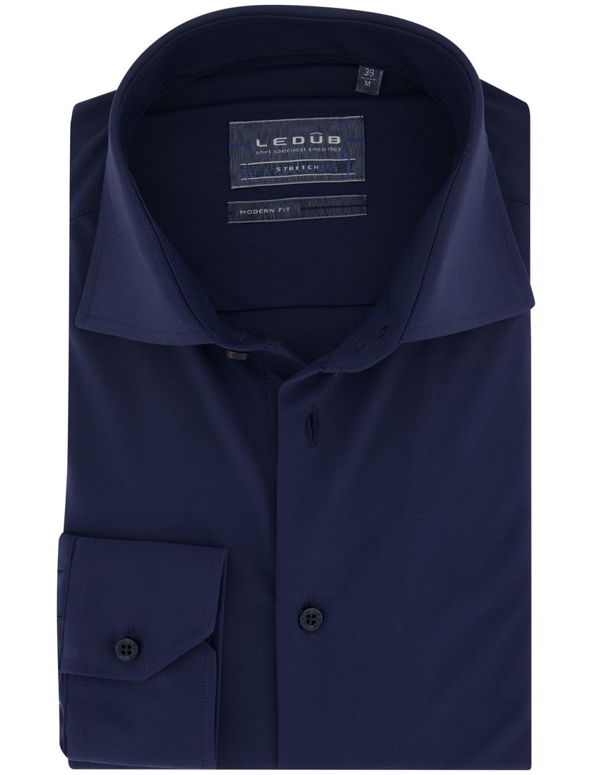 Ledub overhemd mouwlengte 7 Modern Fit donkerblauw effen normale fit