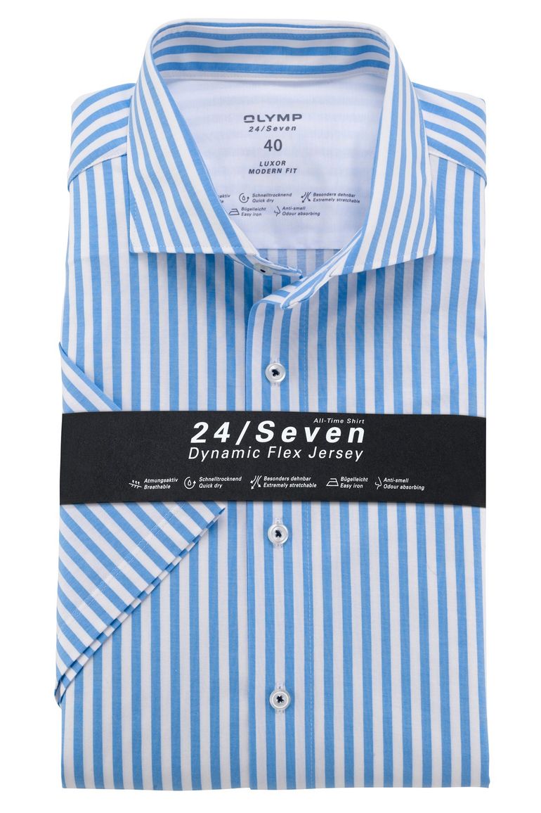 overhemd korte mouw Olymp Luxor Modern Fit lichtblauw gestreept katoen normale fit