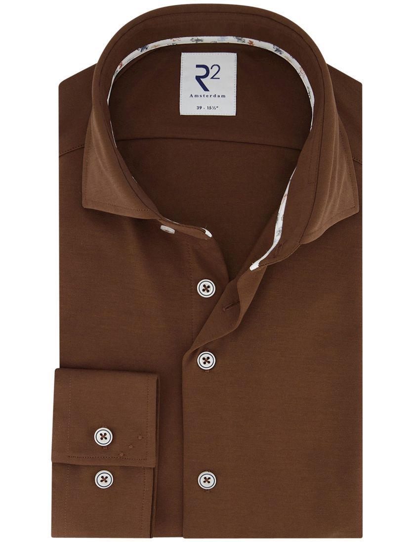 R2 business overhemd bruin effen katoen slim fit