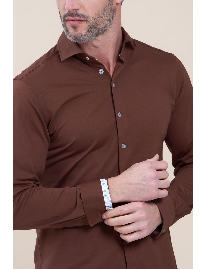 R2 business overhemd bruin effen katoen slim fit