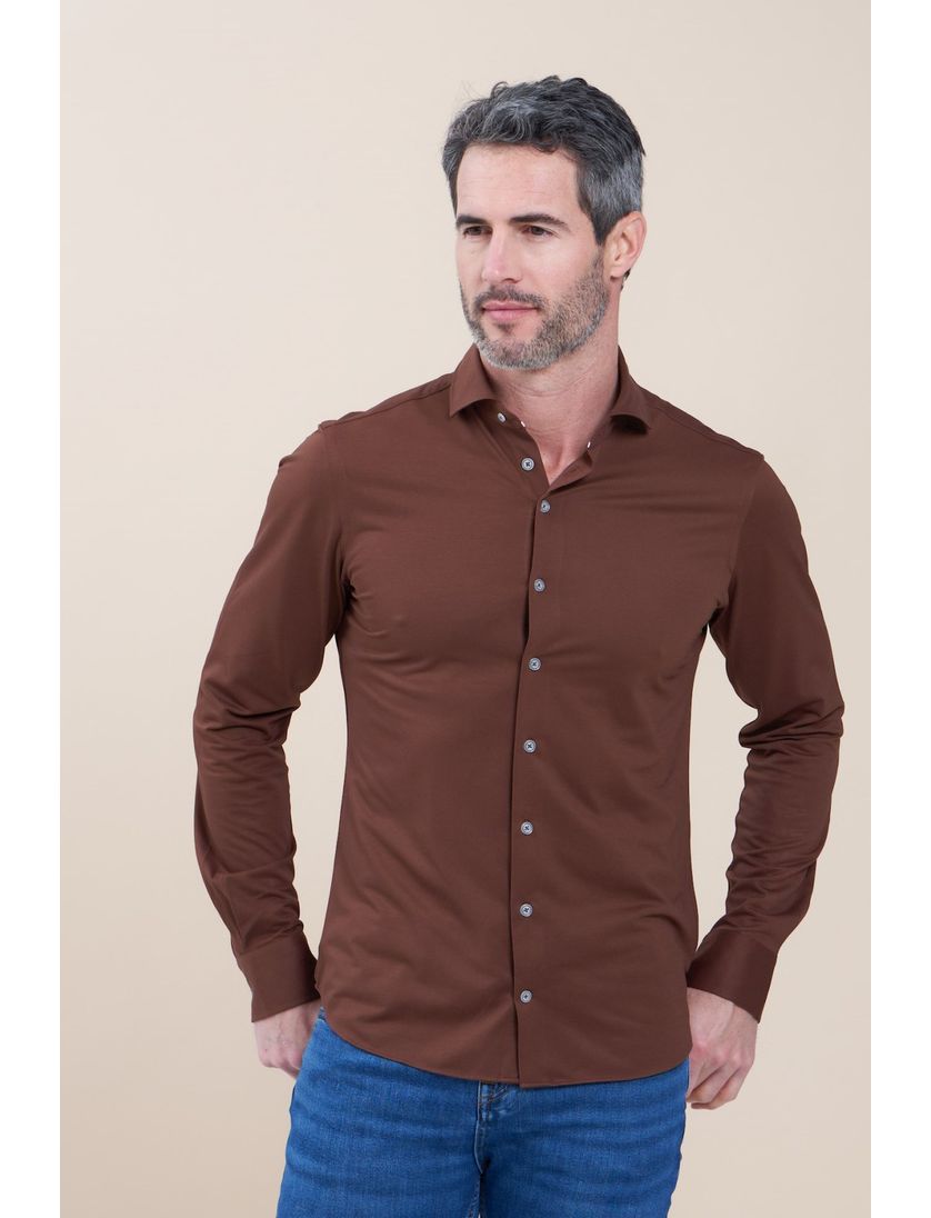 R2 business overhemd bruin effen katoen slim fit