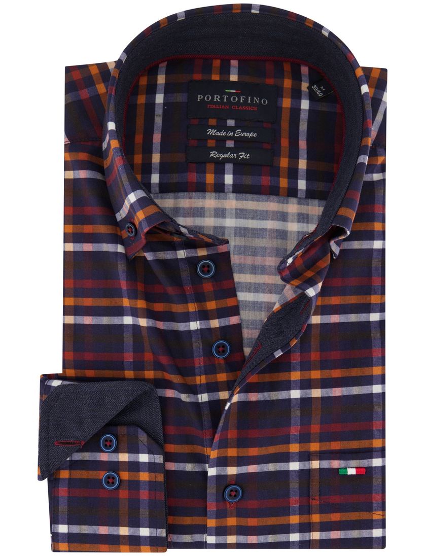 Portofino casual overhemd paars geruit katoen normale fit