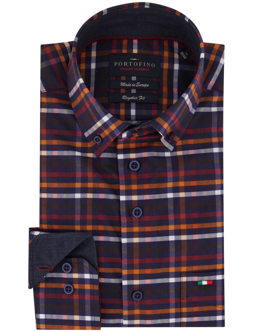 Portofino casual overhemd paars geruit katoen normale fit