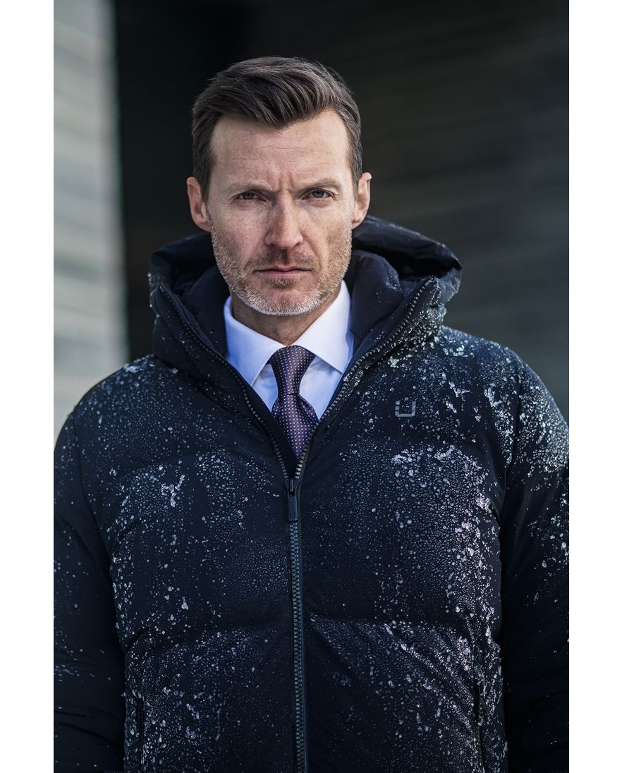 UBR winterjas halflang donkerblauw effen rits + knoop normale fit