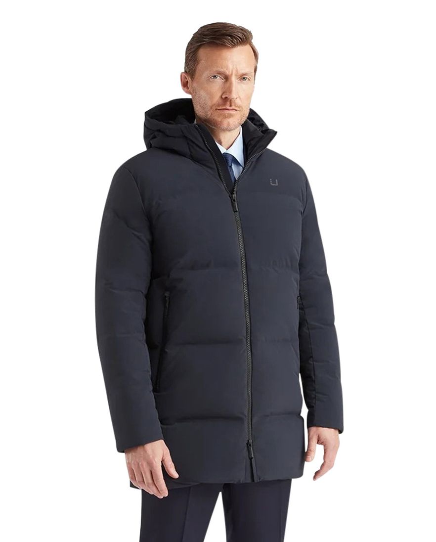 UBR winterjas halflang donkerblauw effen rits + knoop normale fit