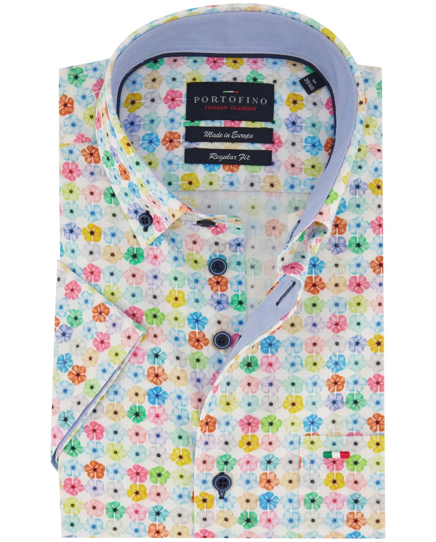 Portofino casual overhemd korte mouw normale fit wit geprint katoen