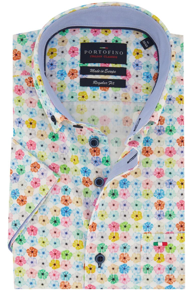 casual overhemd korte mouw Portofino wit geprint katoen normale fit