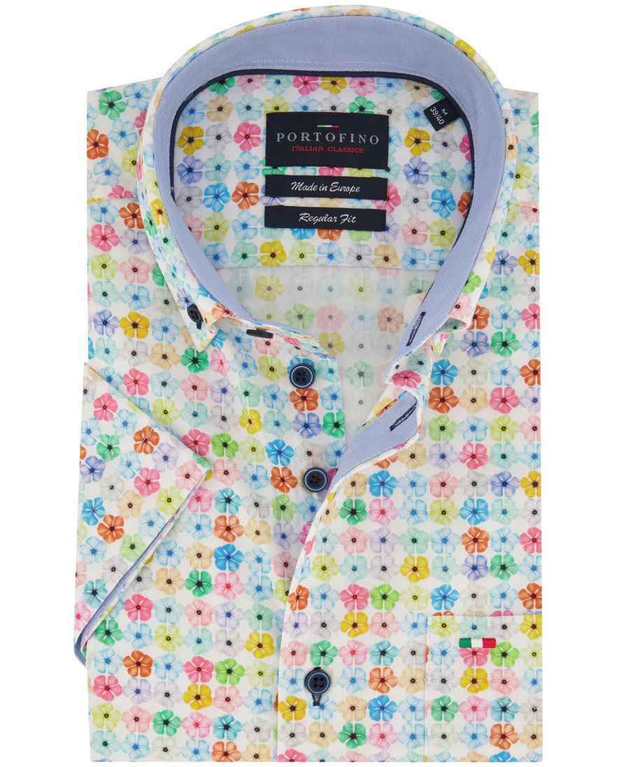 Portofino casual overhemd korte mouw normale fit wit geprint katoen