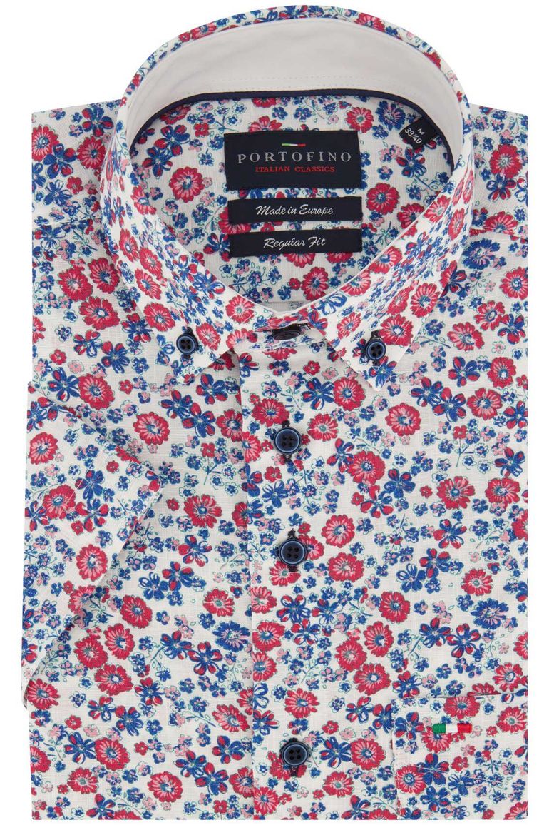 casual overhemd korte mouw Portofino blauw geprint linnen wijde fit