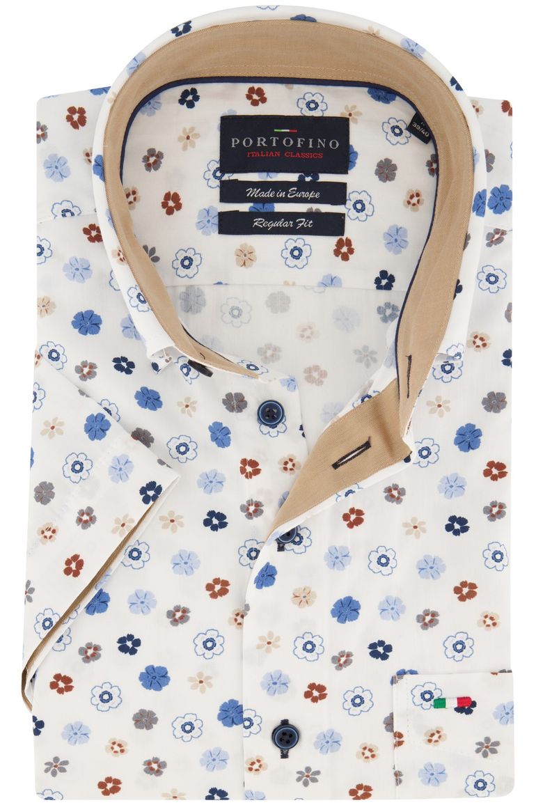 casual overhemd korte mouw Portofino wit geprint katoen wijde fit