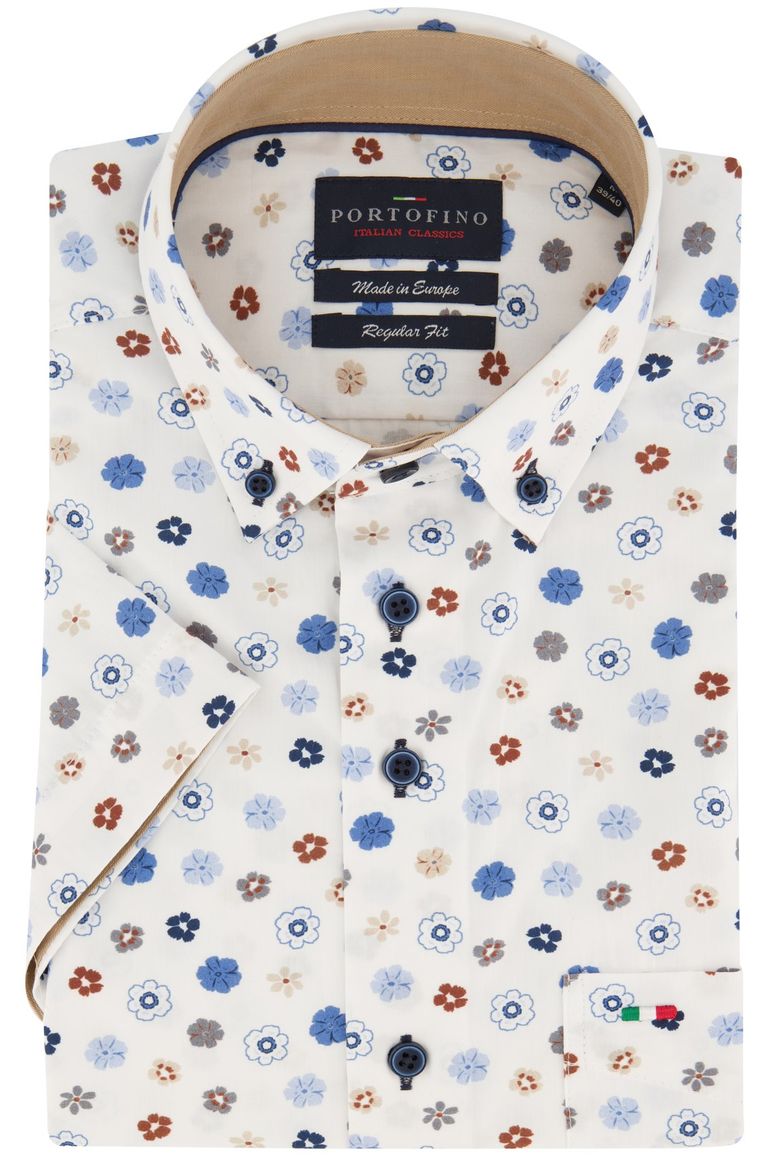 casual overhemd korte mouw Portofino wit geprint katoen wijde fit