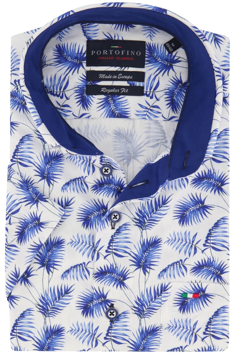 casual overhemd korte mouw Portofino beige geprint katoen wijde fit