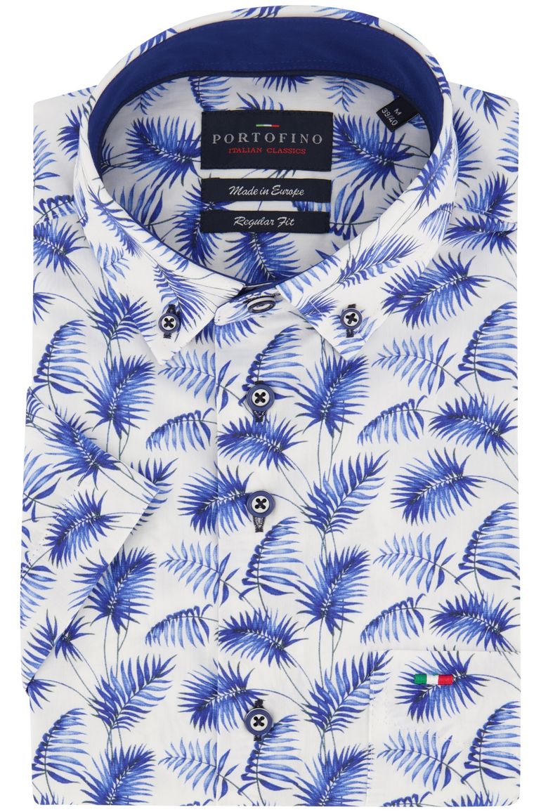 casual overhemd korte mouw Portofino beige geprint katoen wijde fit