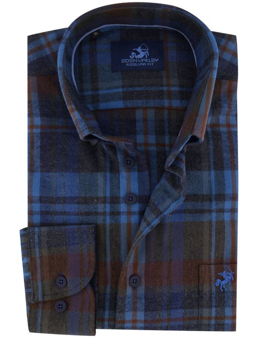 casual overhemd Eden Valley blauw geruit katoen normale fit