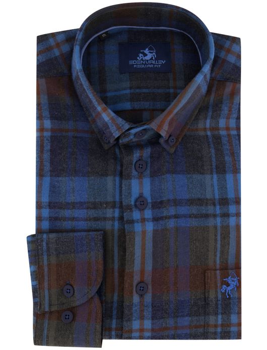 casual overhemd Eden Valley blauw geruit katoen normale fit