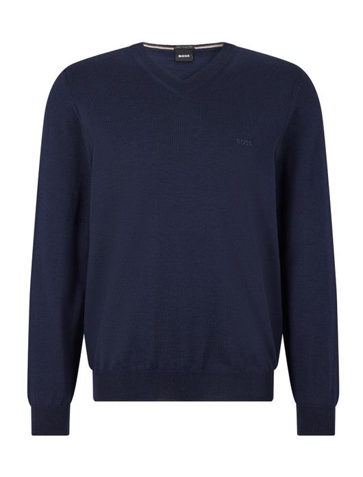 trui Hugo Boss donkerblauw effen merinowol v-hals