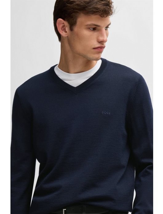trui Hugo Boss donkerblauw effen merinowol v-hals