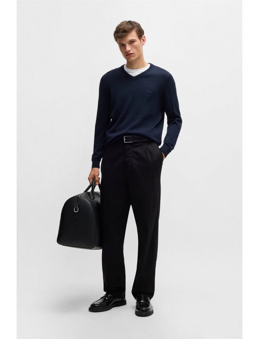trui Hugo Boss donkerblauw effen merinowol v-hals